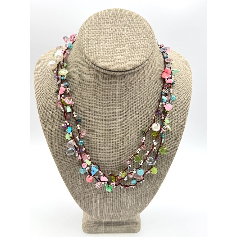 Boho Multi Strand Pastel Beaded Necklace UV Reactive Glass Pearl Mixed Media - Picture 2 of 10